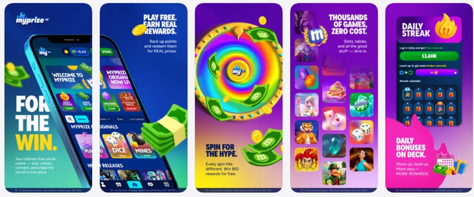 MyPrize social casino app screenshots showing the prize wheel, MyPrize Originals, game lobby and daily streak rewards